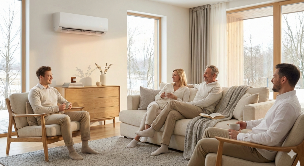 Klimatyzacja pracująca w trybie ogrzewania zapewniająca komfort cieplny użytkownikom w nowoczesnym wnętrzu