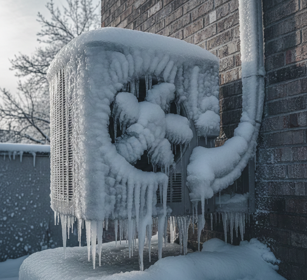 Zalodzona jednostka zewnętrzna klimatyzacji pokryta grubą warstwą lodu i szronu.